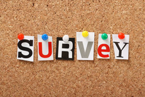 The word Survey in cut out magazine letters pinned to a cork notice board. Surveys are essential for feedback in politics and business.